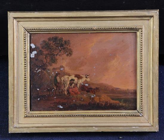 19th century Continental School Shepherd and cattle drovers in a landscape 6 x 8.25in.